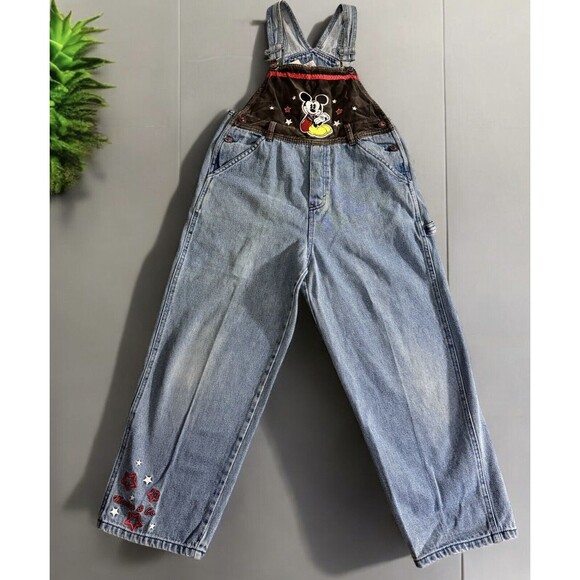 Vintage 90s Disney Mickey Mouse Girls Denim Overalls Size 12 Jumpsuit - Picture 1 of 13